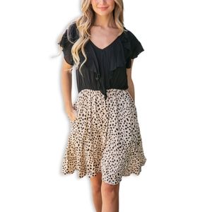 HAPTICSTWO FER RUFFLE V NECK LEOPARD WOVEN DRESS